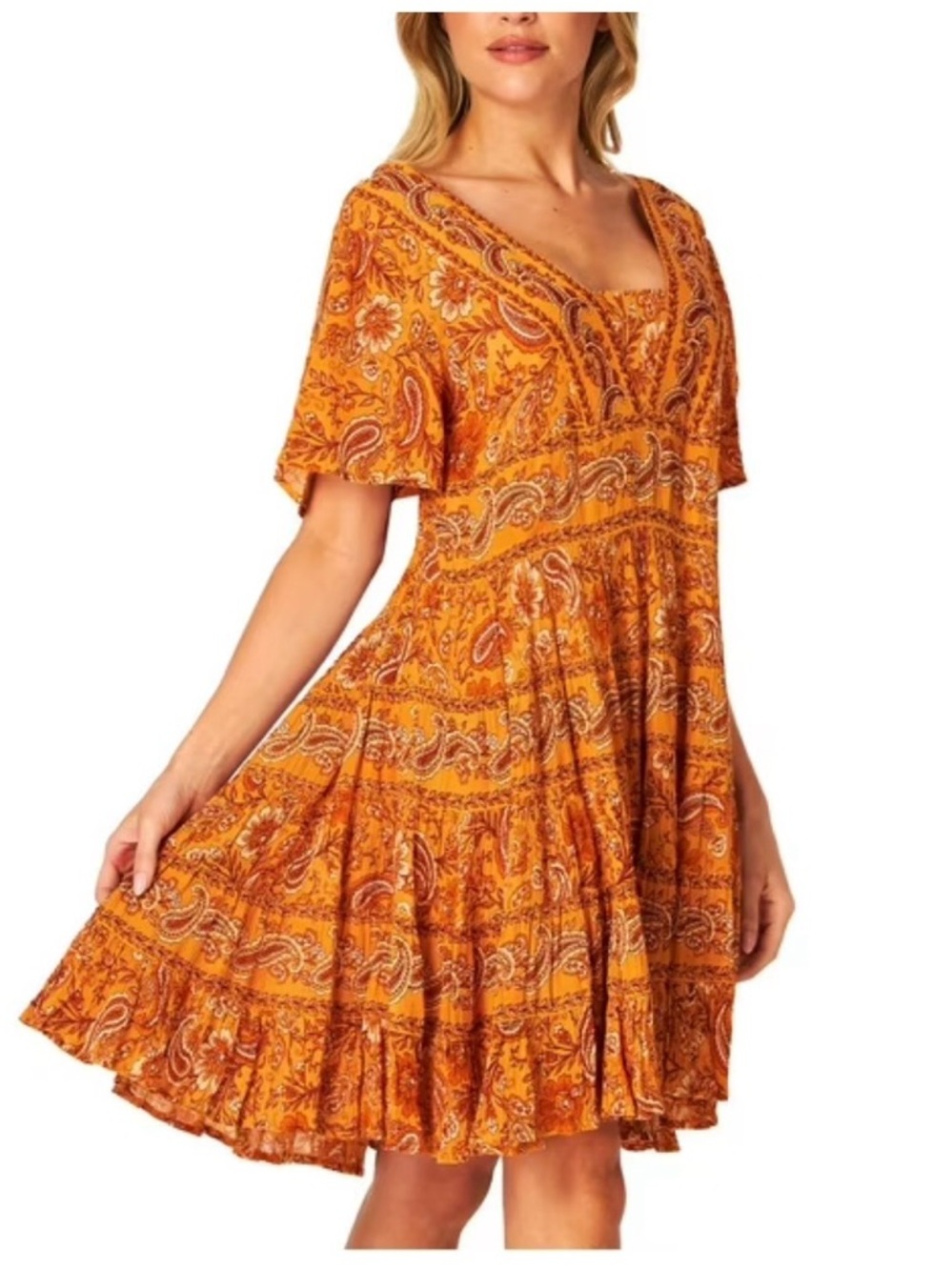 BILA Bohemian Beachy Party Floral Paisley Flutter SLV Tiered Mustard Dress M